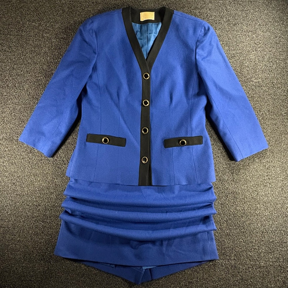 Vintage 80s Pendleton Wool Skirt Suit Womens 10 Blue Black Trim Made in USA